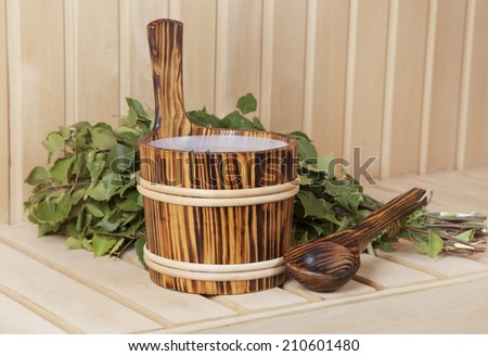 Sauna accessories with birch besom, close up