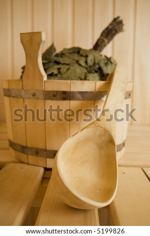 Wooden wash-tub with scoop in steam bath-room 2