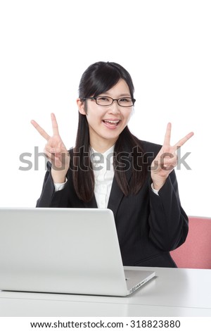 Women to work on a laptop , businesswoman, peace sign