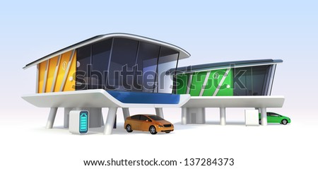 Energy efficient houses concept.  Electric vehicles, home batteries system,roof mounted solar panels.Original design.