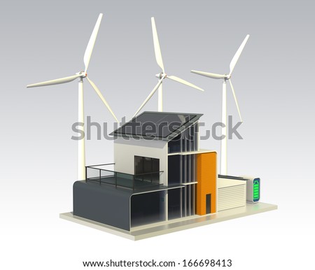 A energy efficient house support by solar panels, home wind turbines, and battery system. 3D rendering with clipping path.