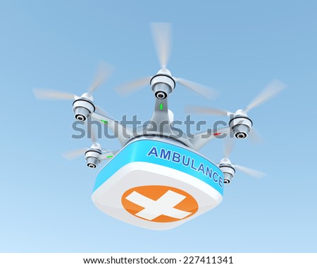 Drone carrying first aid kit for emergency medical care concept