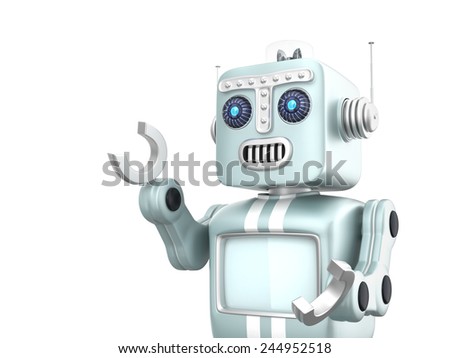 Cute retro robot raising his right hand to point forward. Clipping path available.