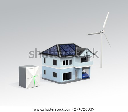 Stationary battery system and house. Concept for home energy storage solution. Clipping path available.
