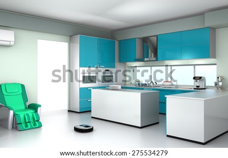 Robotic vacuum cleaner in a modern kitchen interior. 3D rendering image.