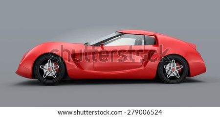 Side view of red sports car isolated on gray background. Original design. 3D rendering image.