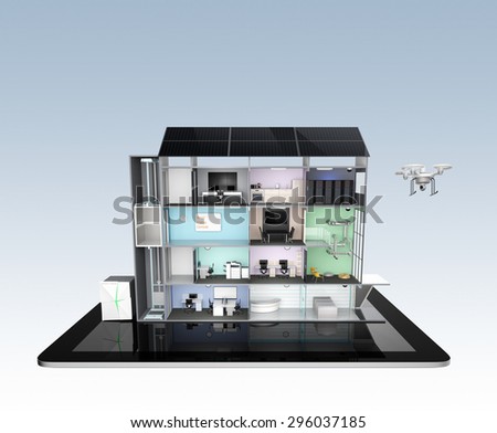 Smart office building on tablet PC. The smart office's energy support by solar panel, storage to battery system. 3D rendering image with clipping path.