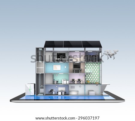 Smart office building concept model on a tablet PC. Energy support by solar panels and storage to module battery system. 3D rendering image with clipping path.