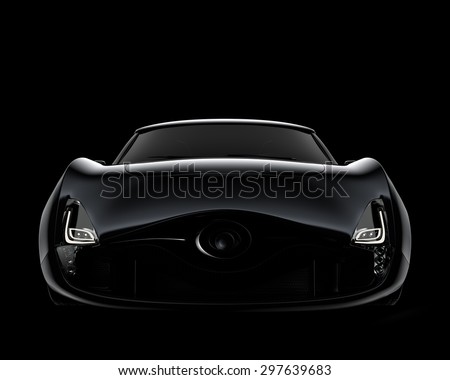 Front view of black sports car isolated on black background. Original design. 3D rendering image with clipping path.
