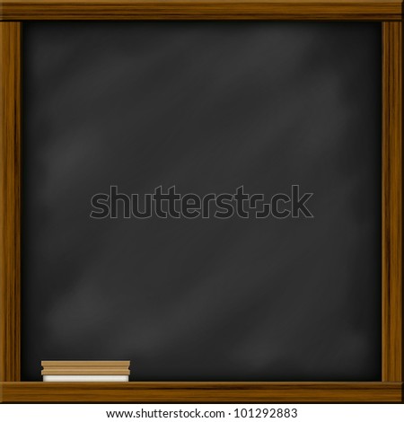 Chalkboard blackboard with frame and brush. Chalkboard texture empty blank with chalk traces and square wooden frame.