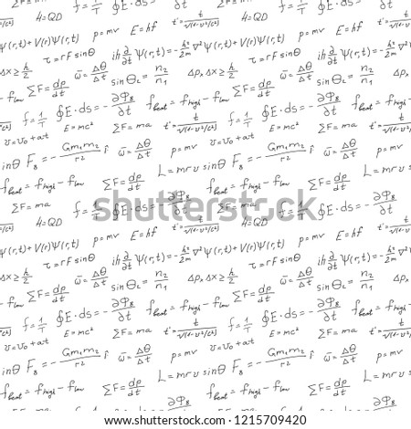 Handwritten formulas background. Scientific seamless pattern. Physics equations and symbols. Hand drawn vector with cursive script. Square black and white illustration with text. Letters and numbers