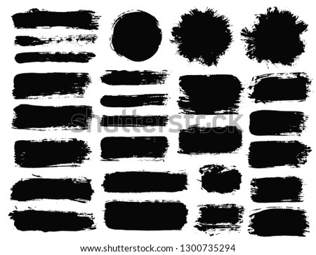Brush strokes. Vector paintbrush set. Round grunge design elements. Long text boxes. Dirty texture banners. Ink splatters. Painted objects.