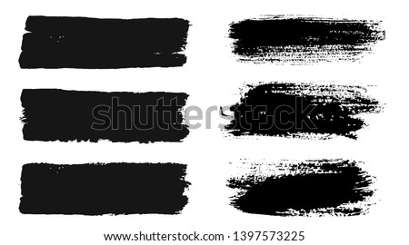 Brush strokes. Vector paintbrush set. Grunge design elements. Rectangle text boxes. Dirty distress texture banners. Ink splatters. Grungy painted objects. Stockfoto © 