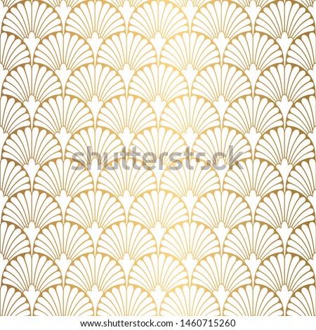 Art Deco Pattern. Seamless white and gold background. Scales or shells ornament. Minimalistic geometric design. Vector lines. 1920-30s motifs. Luxury vintage illustration