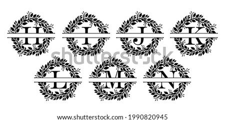 Split Letter Monogram Set. Wreath monogram alphabet with copyspace for a long | double-barrelled surname. Floral frame, vintage motif. Black and white design elements. Second part of ABC, from H to N