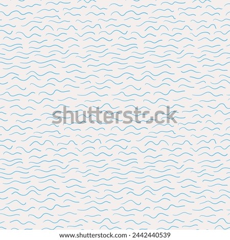 Irregular hand drawn wave pattern. Seamless chaotic doodle background. Bright summer print with teal blue abstract waves from lines on off-white. Fish-like shapes. Vector background
