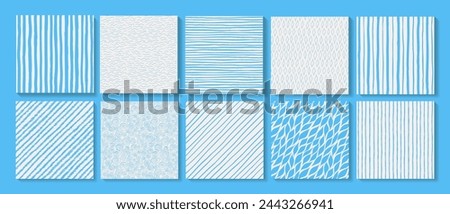 Vector patterns collection. Seamless doodle backgrounds. Bright teal blue on white, summer vibe. Striped, waves, diamond, diagonal stripes, swirls, abstract leaves ornaments