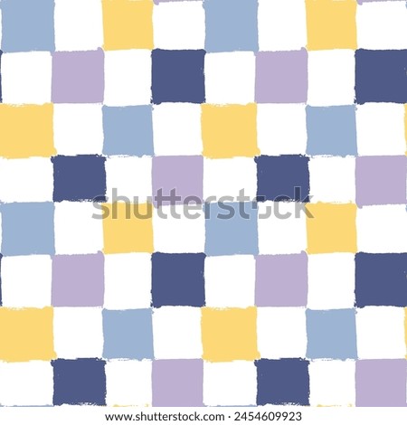 Checkered Pattern. Seamless background with painted checks. Colorful textured checkerboard print. Brush strokes squares backdrop. Chessboard wallpaper. White, yellow, purple and blue repeated tiles
