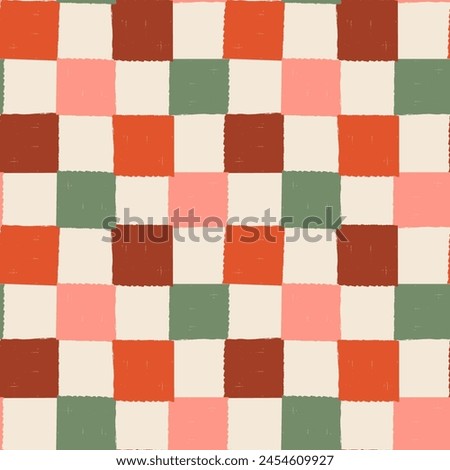 Checkered Pattern. Seamless background with painted checks. Colorful textured checkerboard print. Brush strokes squares backdrop. Chessboard wallpaper. Red, green, beige and pink repeated tiles