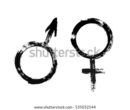 Male and Female Symbols. Feminine and masculine signs. Grunge painted style. Texture brush strokes. Unusual design elements. Vector black white illustration.