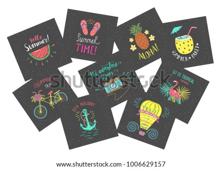 Set Of Summer Color Hand Lettering Labels And Stickers Tropical Emblems With Fruits