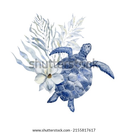 Sea turtle with flower and seaweeds. Watercolor illustration.