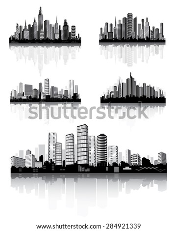 Modern City Panorama with Skyscraper . Town Architecture. Vector set .