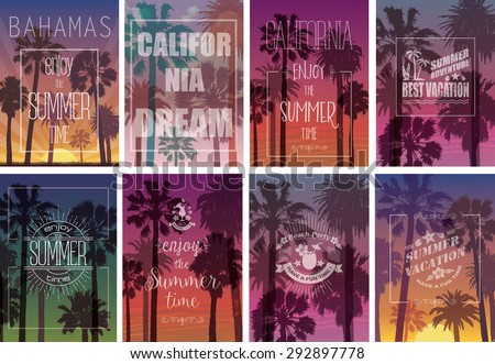 Set of Exotic Print with Palms for T-shirt. Summer Travel Backgrounds . Party and Vacation Banners. Nature Landscapes.