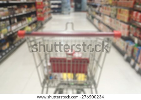 blurred image of shopping cart in a supermarket aisle