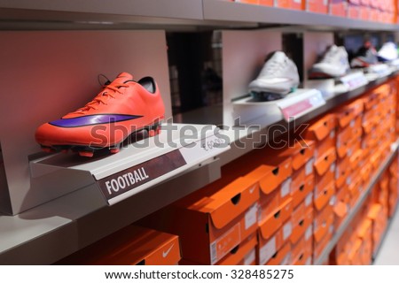 BELGIUM - OCTOBER 17: Background of Nike shoes boxes at Maasmechelen Village outlet  on October 17, 2015.
