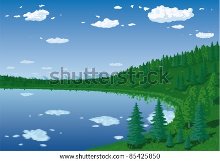 Forest landscape with lake under cloudy sky.