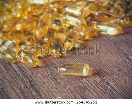 Cod liver oil omega 3 gel capsules.Selective focus, shallow DOF