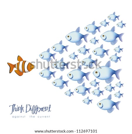 illustration of many fish, think differently, against a current, vector illustration