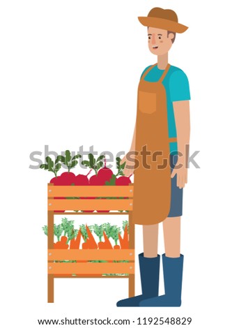 man with wooden basket with tag avatar character