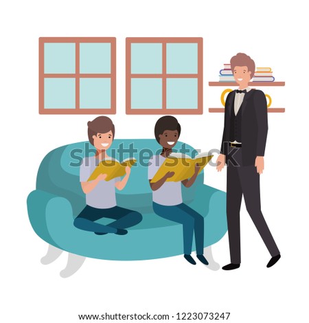 father and sons sitting in couch avatar character