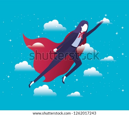 businesswoman with hero coat flying in the sky