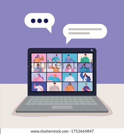 People avatars on laptop in video chat with bubbles design, Call online conference and webcam theme Vector illustration
