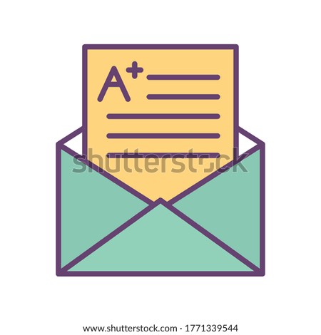 School exam with note inside envelope line and fill style icon design, education class lesson knowledge preschooler study learning classroom and primary theme Vector illustration