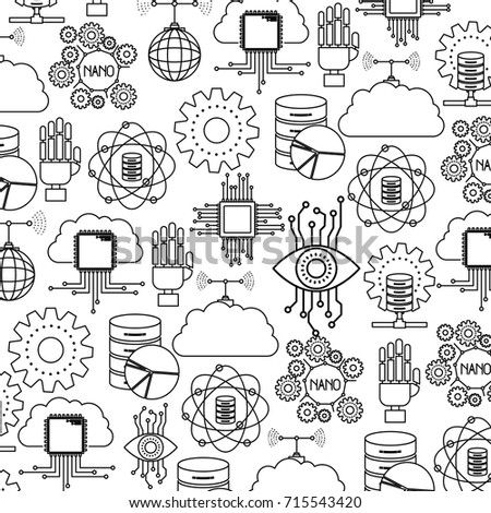 robotic technology and server storage pattern silhouette on white background vector illustration