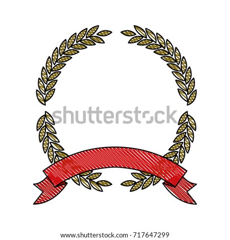 olive branches in colored crayon silhouette forming a circle with thick ribbon on bottom vector illustration