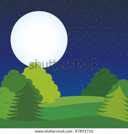 cute night landscape with leaves and tree, moon. vector