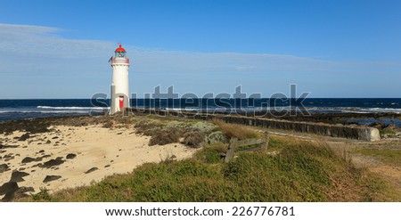 Port Fairy lighthouse (c1859) on Griffiths Island, Victoria, Australia.