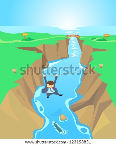 Risk business concept with a businessman climbing a rope across the chasm, Illustration by vector design.