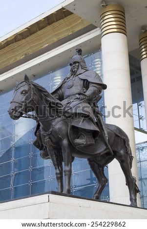 ULAANBAATAR, MONGOLIA - FEBRUARY 1: Equestrian statue of Genghis Khan\'s warriors from the environment around the Government House on February 1, 2015 in Ulaanbaatar.