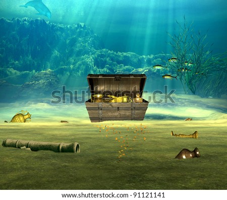 The treasure chest with valuable objects underwater.