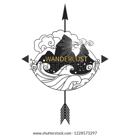 Sea, mountains, arrow as a symbol of path. Vector hand drawn illustration in boho style. Tattoo sketch, logo design and other