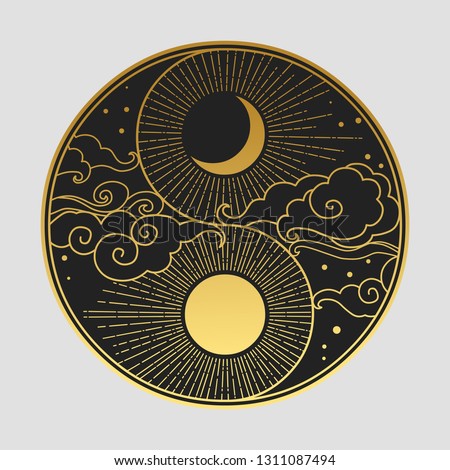 Decorative graphic design element in oriental style. Sun, Moon, clouds, stars. Vector hand drawn illustration