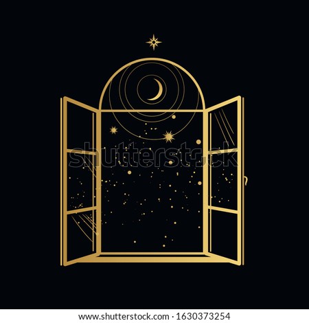 Night sky in an open window. Vector illustration