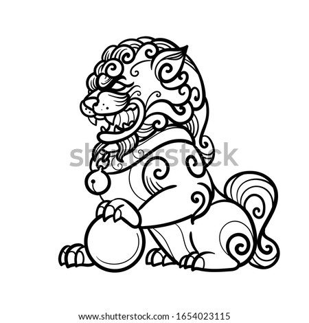 Traditional buddhist guardian lion. Vector hand drawn illustration