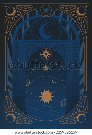 Gates open to space. Vector hand drawn illustration in psychedelic style